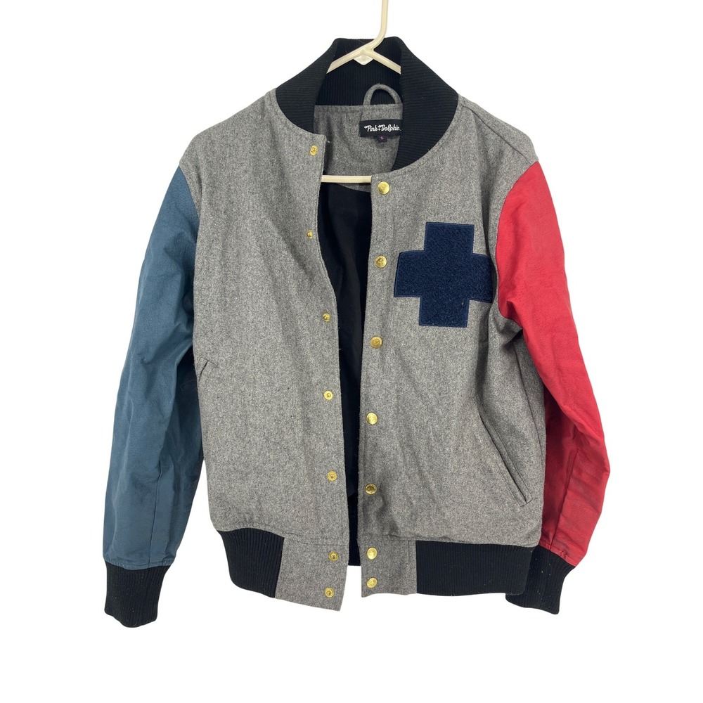 Pink Dolphin Legend Varsity Jacket Mens S Grey Wool Leather Sleeve Colorblock